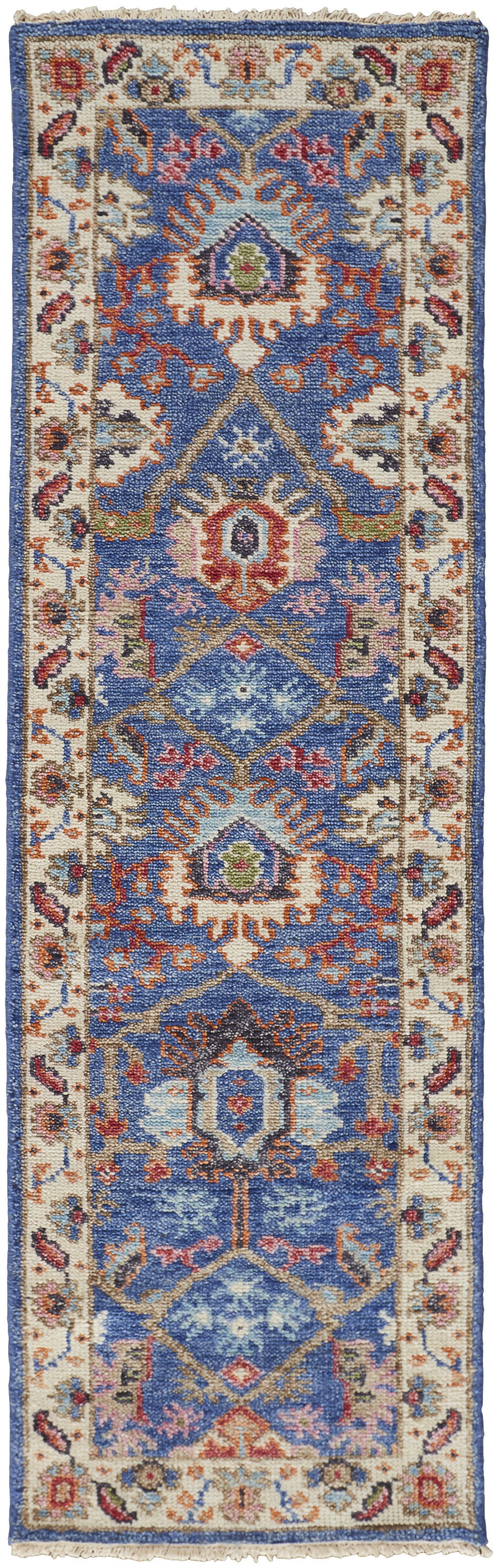 8' X 10' Blue And Red Wool Floral Hand Knotted Stain Resistant Area Rug