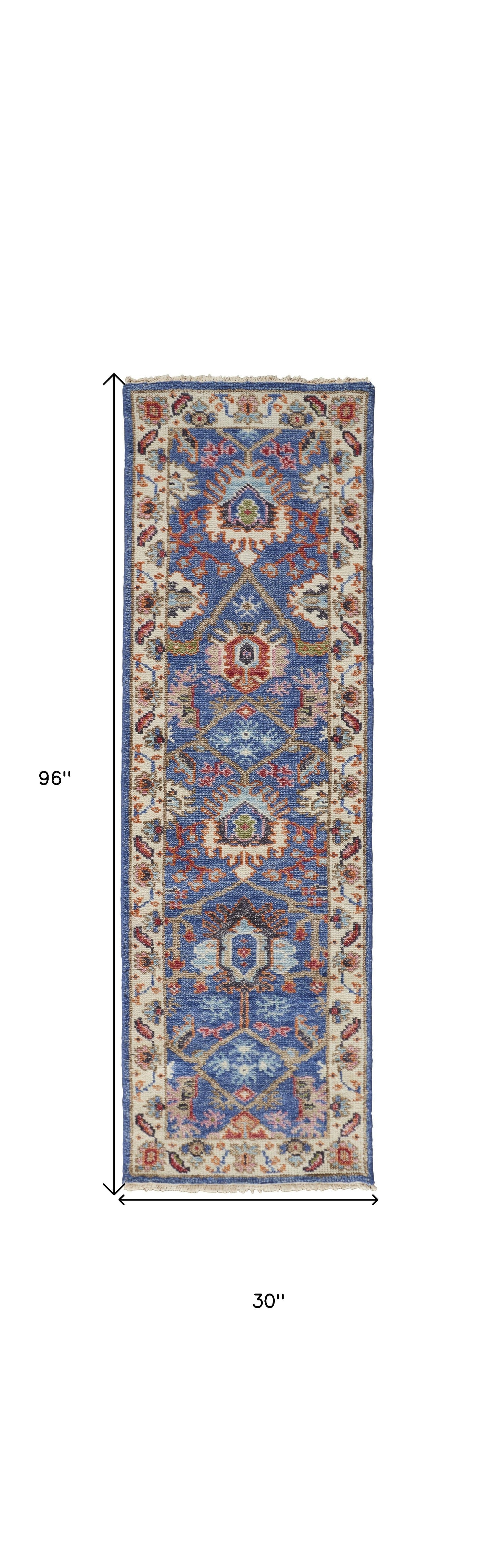 8' X 10' Blue And Red Wool Floral Hand Knotted Stain Resistant Area Rug