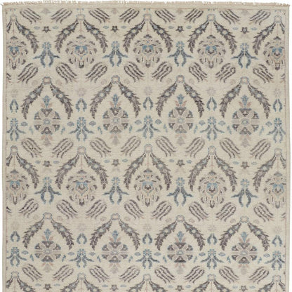 8' X 10' Ivory Gray And Blue Wool Floral Hand Knotted Stain Resistant Area Rug