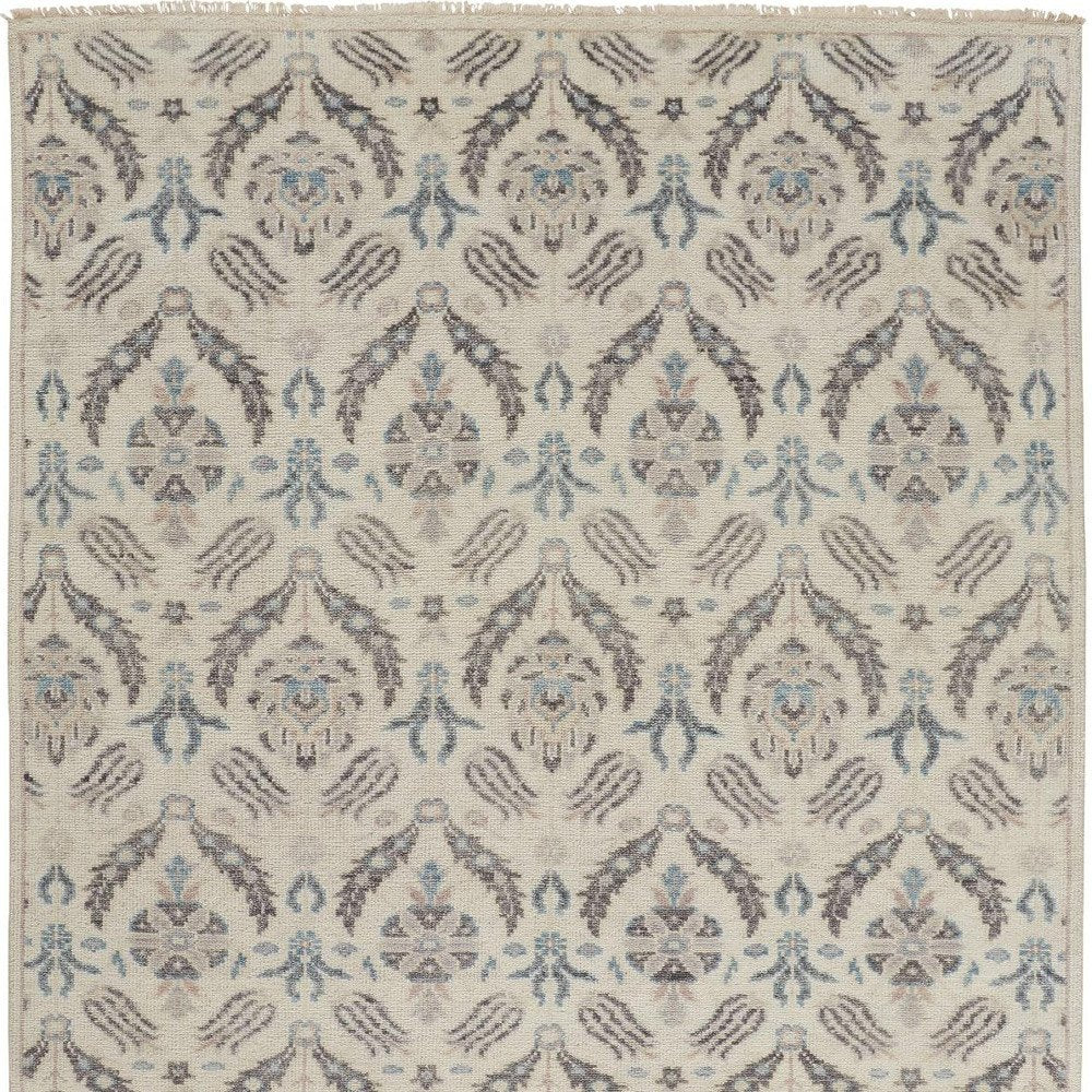 8' X 10' Ivory Gray And Blue Wool Floral Hand Knotted Stain Resistant Area Rug