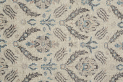 8' X 10' Ivory Gray And Blue Wool Floral Hand Knotted Stain Resistant Area Rug