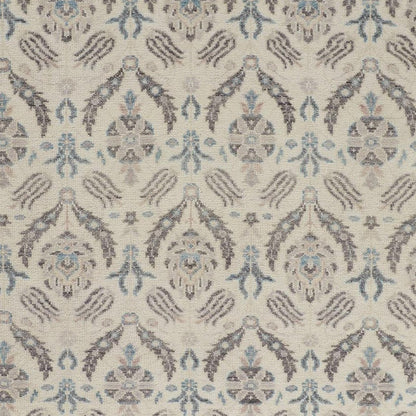 8' X 10' Ivory Gray And Blue Wool Floral Hand Knotted Stain Resistant Area Rug