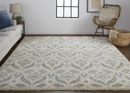 8' Gray and Ivory Wool Floral Hand Knotted Runner Rug With Fringe