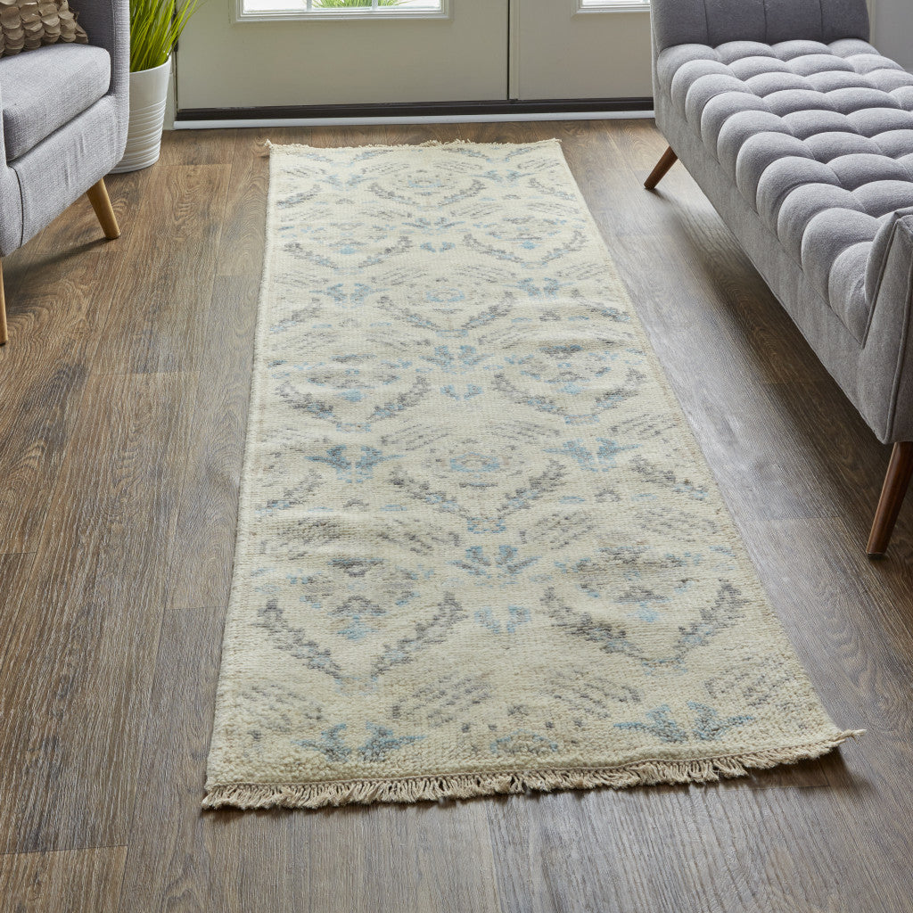 8' X 10' Ivory Gray And Blue Wool Floral Hand Knotted Stain Resistant Area Rug