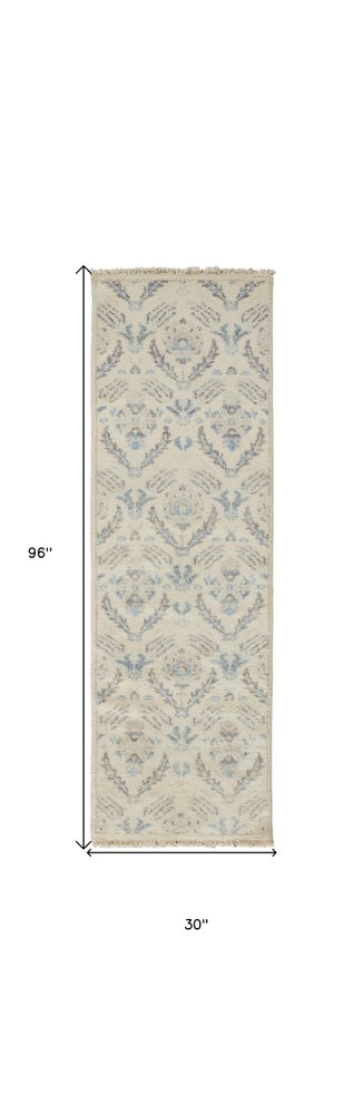 8' X 10' Ivory Gray And Blue Wool Floral Hand Knotted Stain Resistant Area Rug