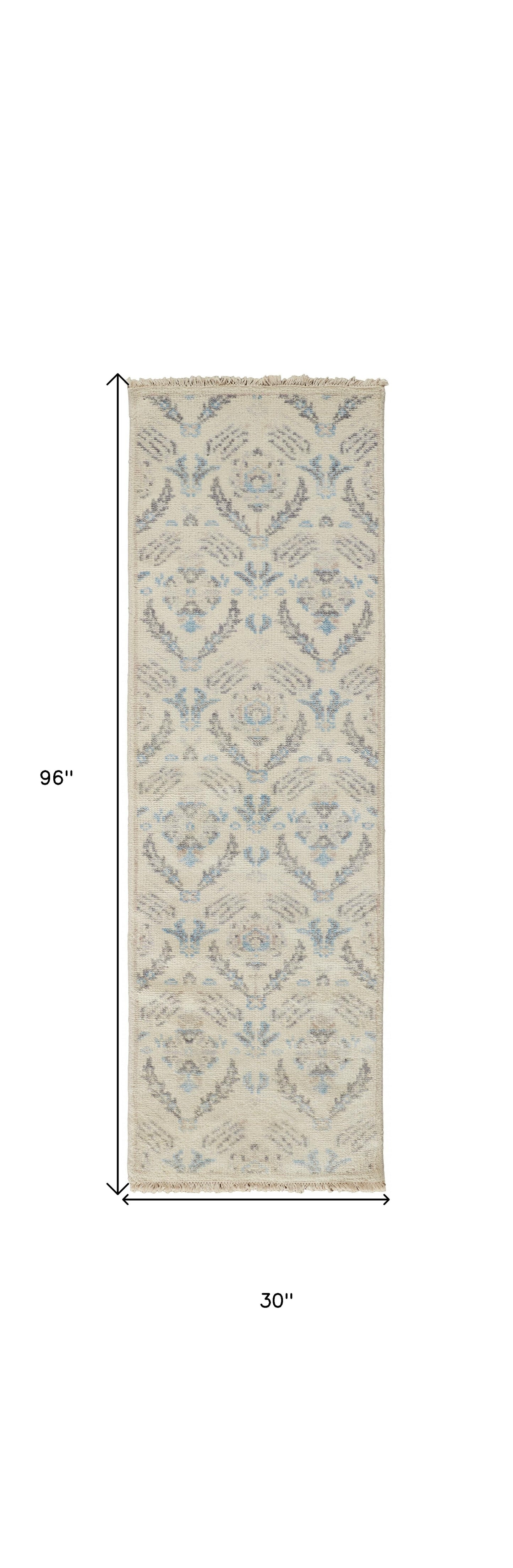 4' X 6' Ivory Gray And Blue Wool Floral Hand Knotted Stain Resistant Area Rug