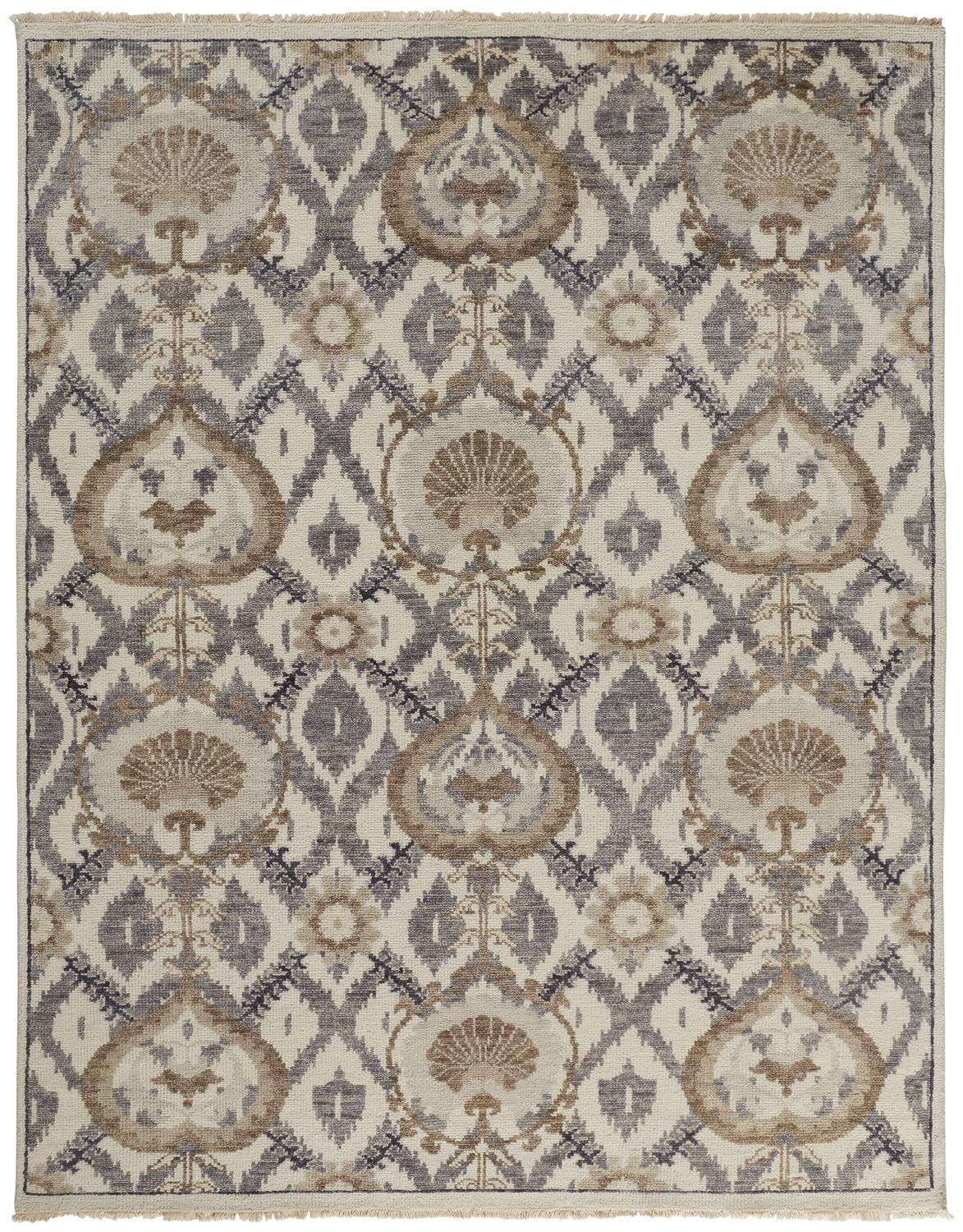 8' X 10' Ivory Gray And Taupe Wool Floral Hand Knotted Stain Resistant Area Rug