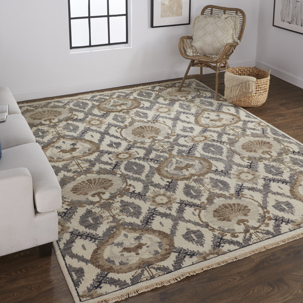 8' X 10' Ivory Gray And Taupe Wool Floral Hand Knotted Stain Resistant Area Rug