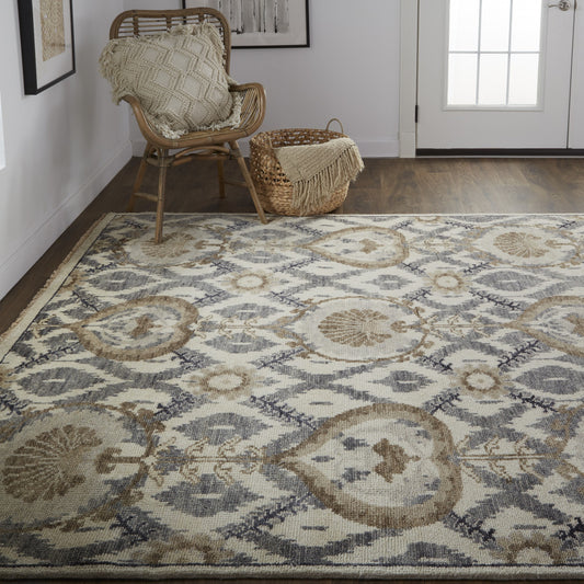 2' X 3' Ivory Gray And Taupe Wool Floral Hand Knotted Stain Resistant Area Rug