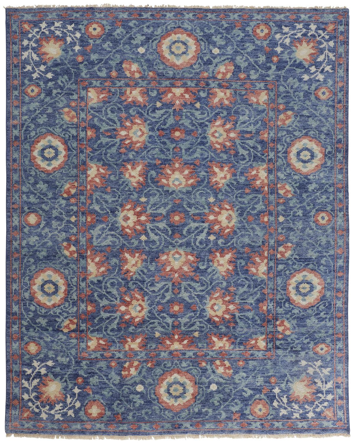 2' X 3' Blue And Red Wool Floral Hand Knotted Stain Resistant Area Rug