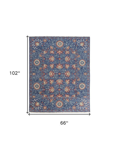 9' X 12' Blue And Red Wool Floral Hand Knotted Stain Resistant Area Rug