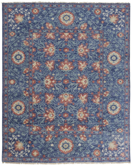 9' X 12' Blue And Red Wool Floral Hand Knotted Stain Resistant Area Rug