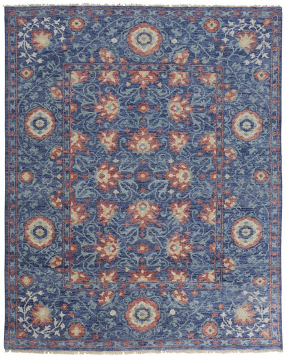 4' X 6' Blue and Beige Wool Floral Hand Knotted Area Rug