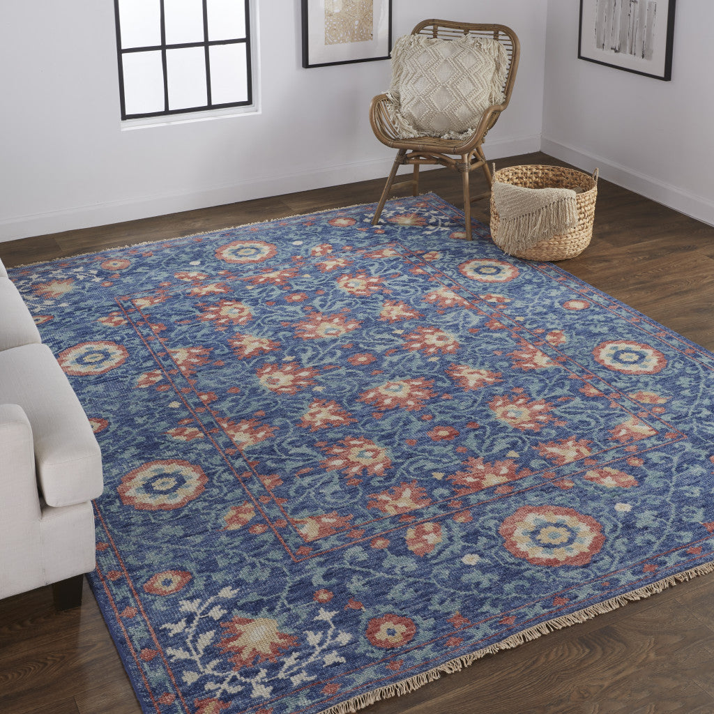 2' X 3' Blue And Red Wool Floral Hand Knotted Stain Resistant Area Rug