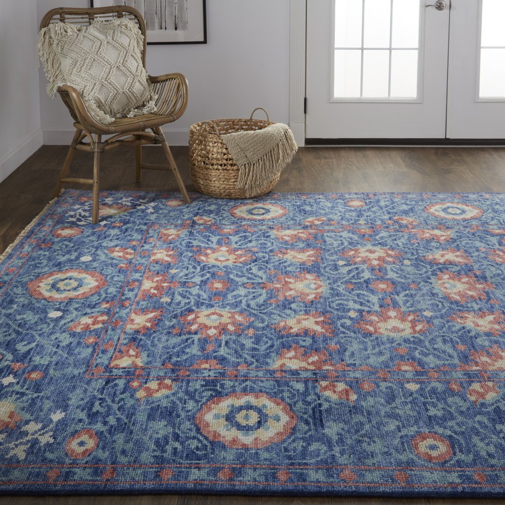 4' X 6' Blue and Beige Wool Floral Hand Knotted Area Rug