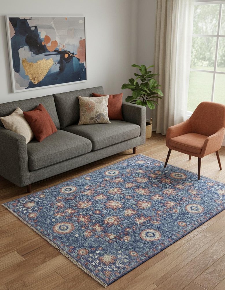 9' X 12' Blue And Red Wool Floral Hand Knotted Stain Resistant Area Rug