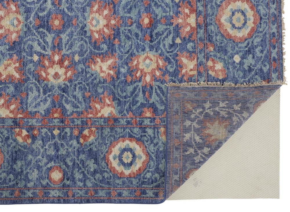 8' X 10' Blue And Red Wool Floral Hand Knotted Stain Resistant Area Rug