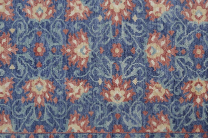 9' X 12' Blue And Red Wool Floral Hand Knotted Stain Resistant Area Rug