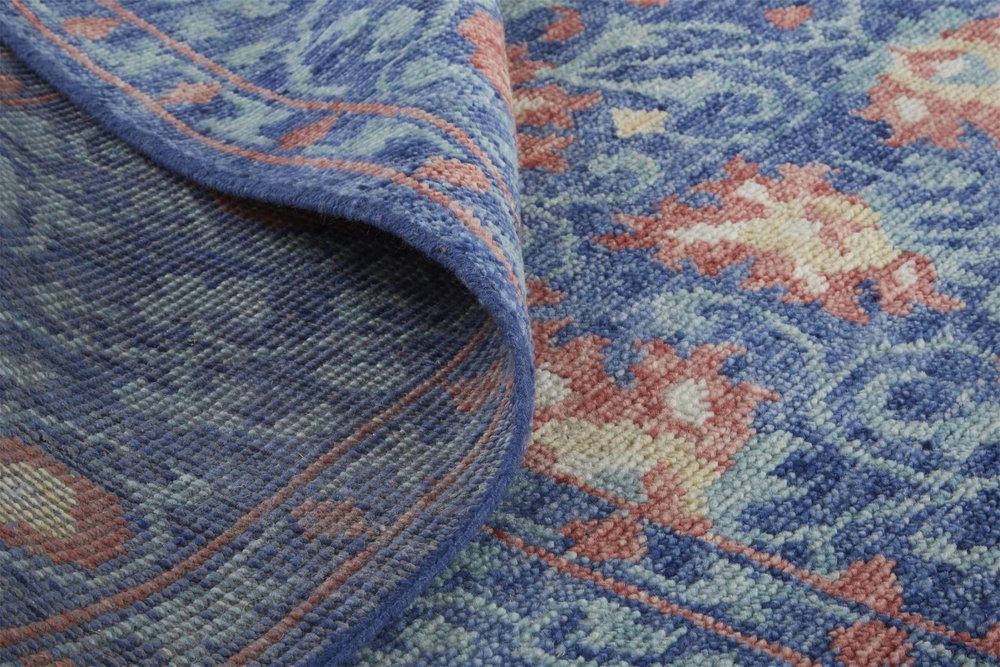 9' X 12' Blue And Red Wool Floral Hand Knotted Stain Resistant Area Rug