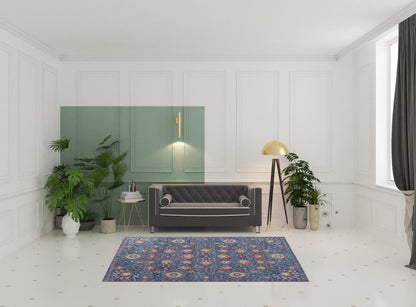 4' X 6' Blue and Beige Wool Floral Hand Knotted Area Rug