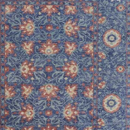 9' X 12' Blue And Red Wool Floral Hand Knotted Stain Resistant Area Rug