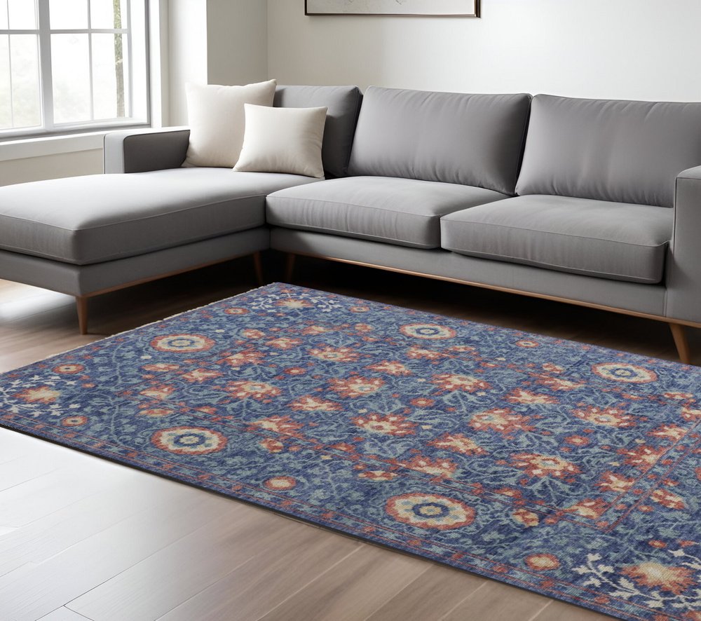 9' X 12' Blue And Red Wool Floral Hand Knotted Stain Resistant Area Rug