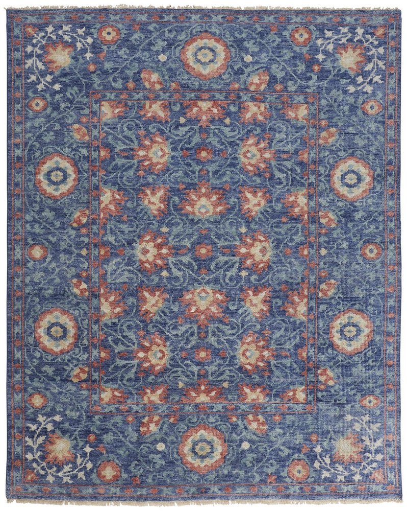 9' X 12' Blue And Red Wool Floral Hand Knotted Stain Resistant Area Rug