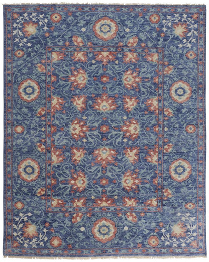 9' X 12' Blue And Red Wool Floral Hand Knotted Stain Resistant Area Rug