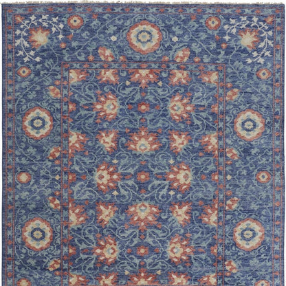 9' X 12' Blue And Red Wool Floral Hand Knotted Stain Resistant Area Rug