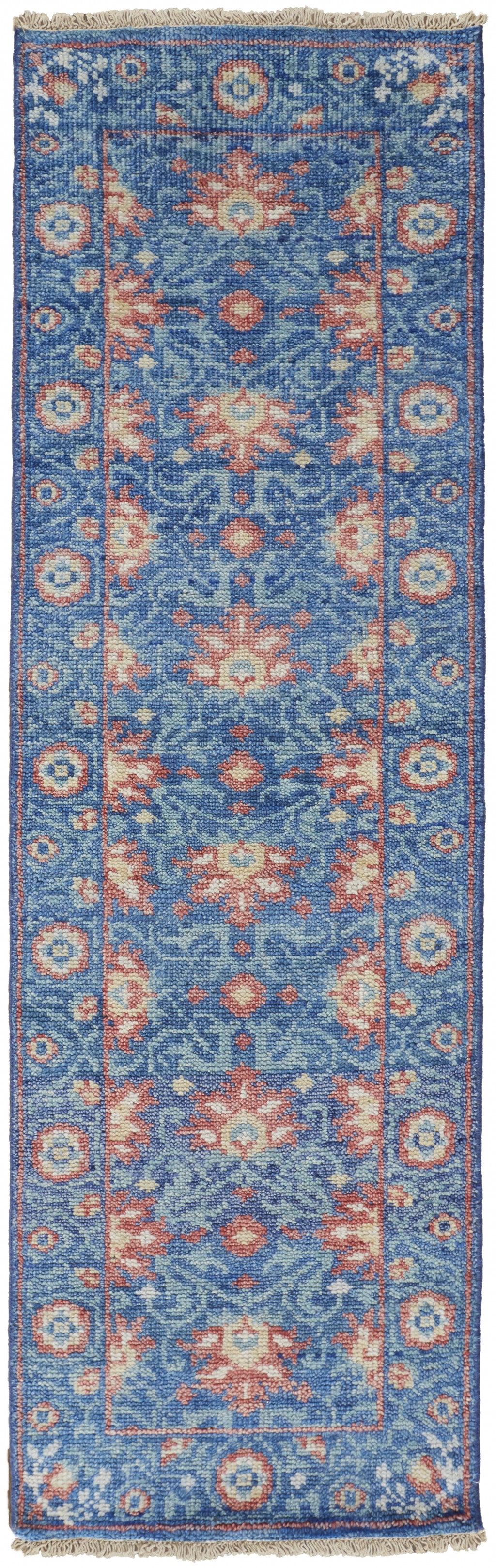 2' X 3' Blue And Red Wool Floral Hand Knotted Stain Resistant Area Rug