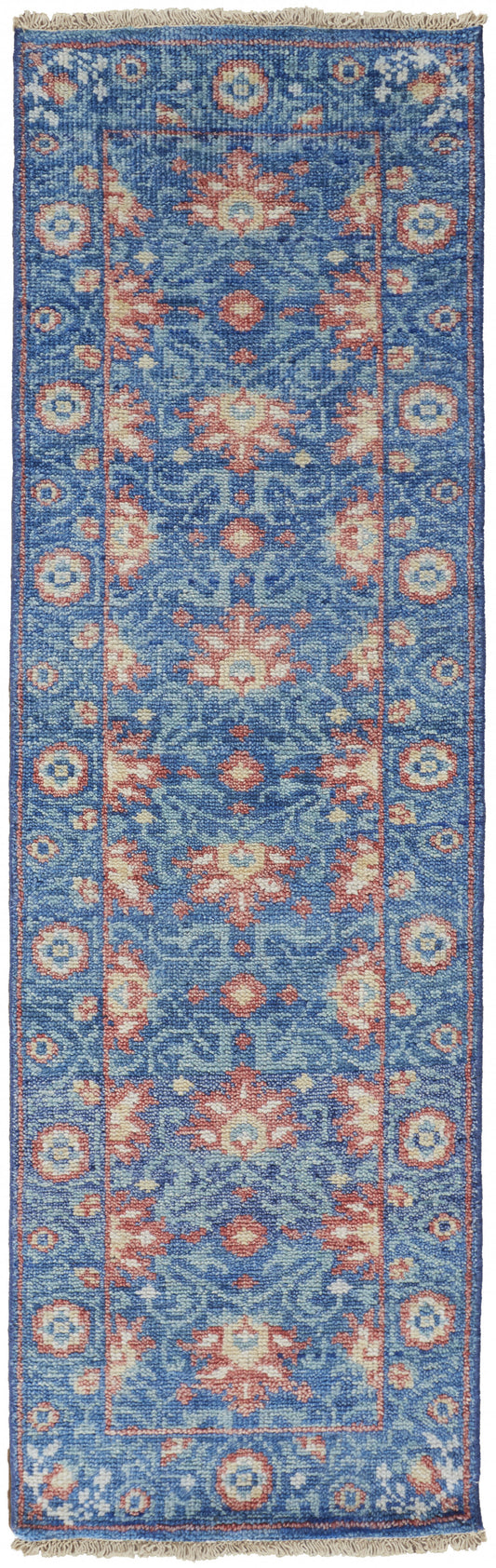 2' X 3' Blue And Red Wool Floral Hand Knotted Stain Resistant Area Rug