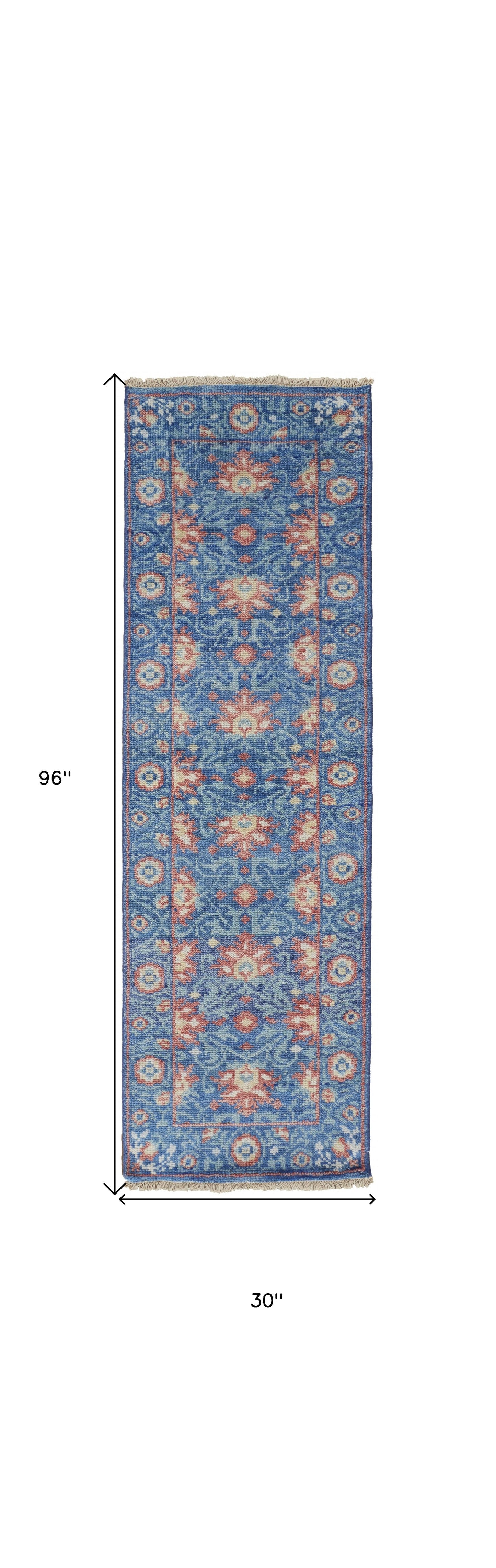 2' X 3' Blue And Red Wool Floral Hand Knotted Stain Resistant Area Rug