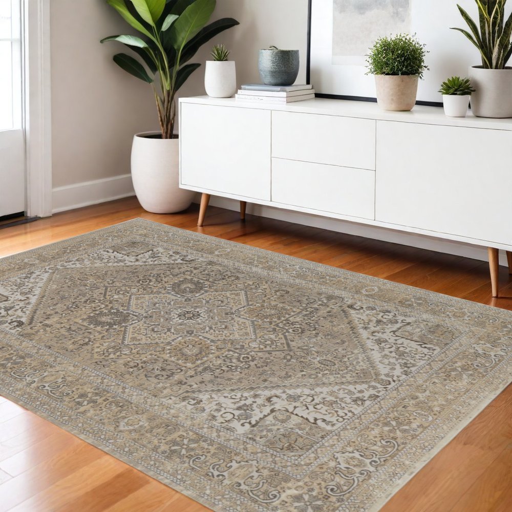 4' X 6' Tan Brown And Gray Medallion Distressed Area Rug