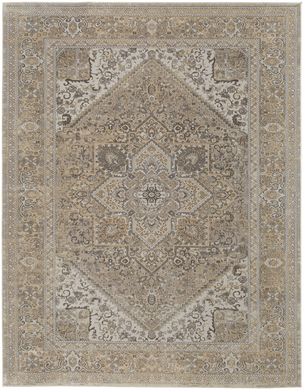 9' X 12' Tan Brown And Ivory Floral Power Loom Distressed Area Rug