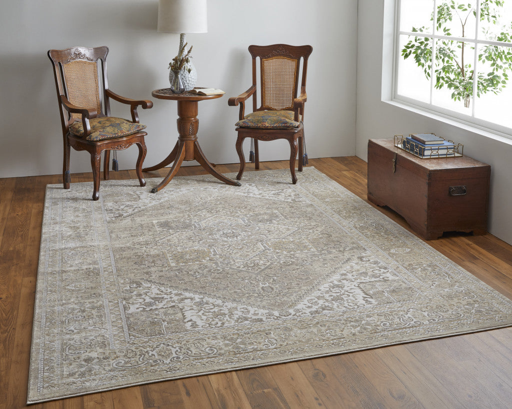 9' X 12' Tan Brown And Ivory Floral Power Loom Distressed Area Rug