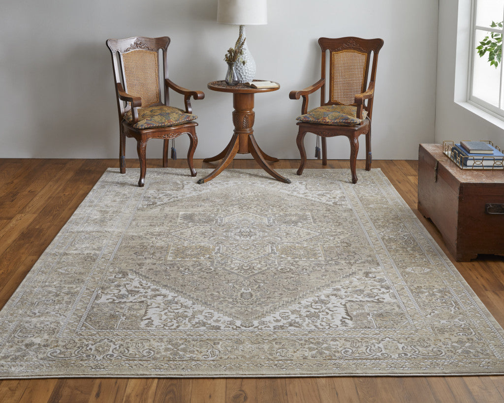 9' X 12' Tan Brown And Ivory Floral Power Loom Distressed Area Rug