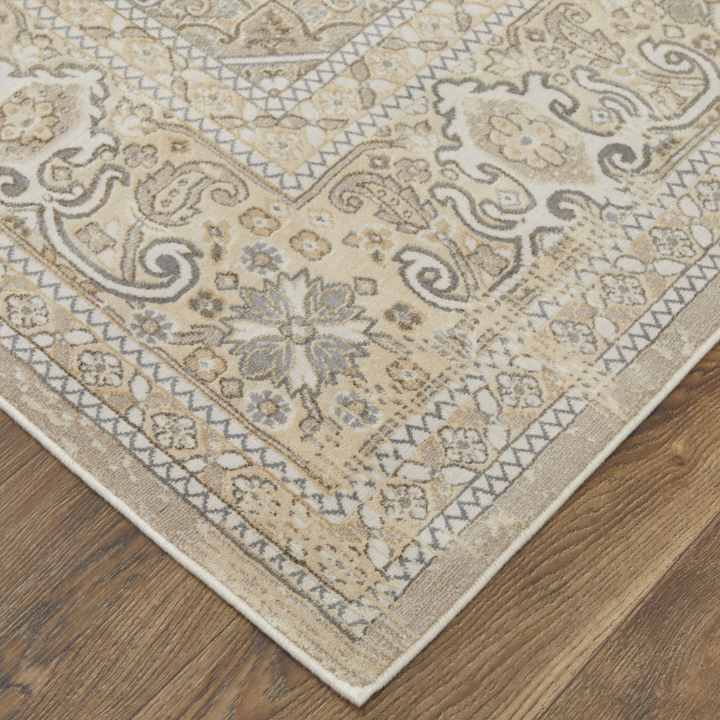 9' X 12' Tan Brown And Ivory Floral Power Loom Distressed Area Rug