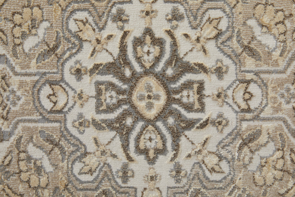 9' X 12' Tan Brown And Ivory Floral Power Loom Distressed Area Rug