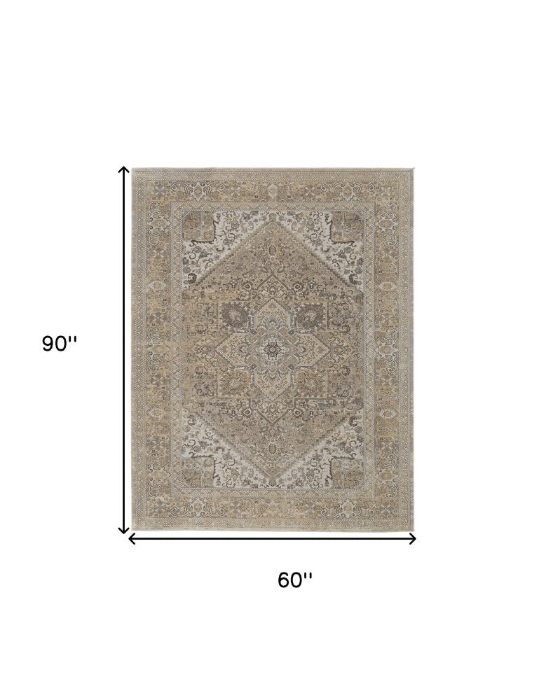 4' X 6' Tan Brown And Gray Medallion Distressed Area Rug