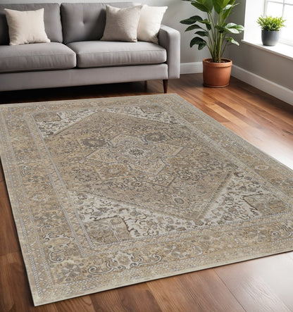 10' X 14' Brown And Ivory Medallion Distressed Area Rug