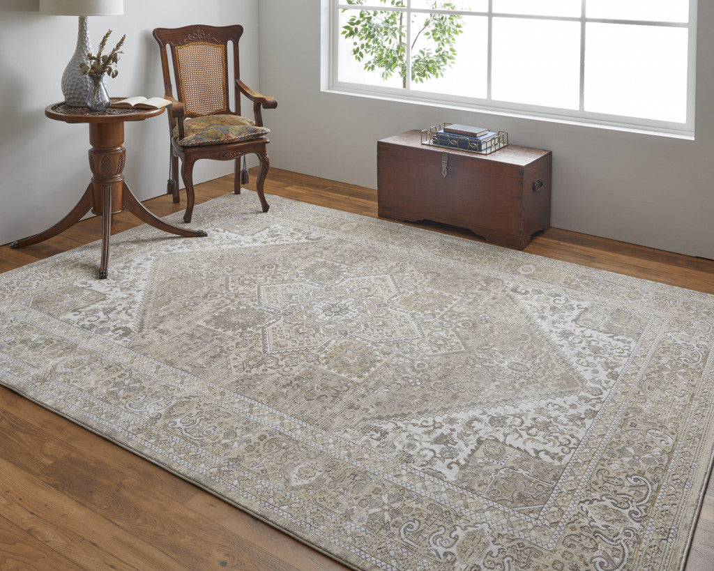 9' X 12' Tan Brown And Ivory Floral Power Loom Distressed Area Rug