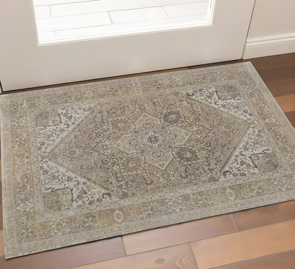 10' X 14' Brown And Ivory Medallion Distressed Area Rug