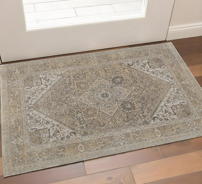 10' X 14' Brown And Ivory Medallion Distressed Area Rug