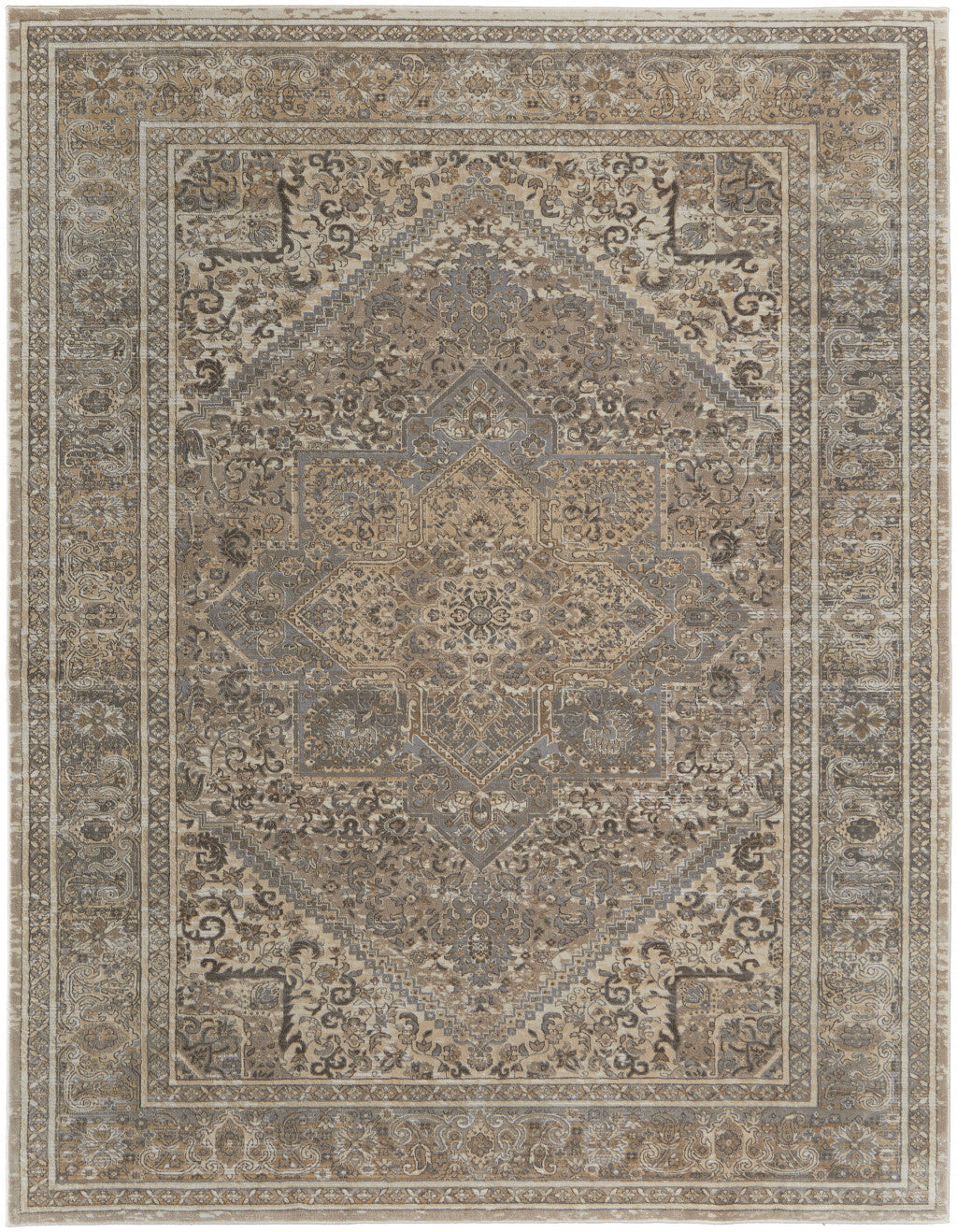 9' X 12' Tan Brown And Ivory Floral Power Loom Distressed Area Rug