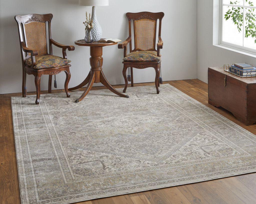 9' X 12' Tan Brown And Ivory Floral Power Loom Distressed Area Rug