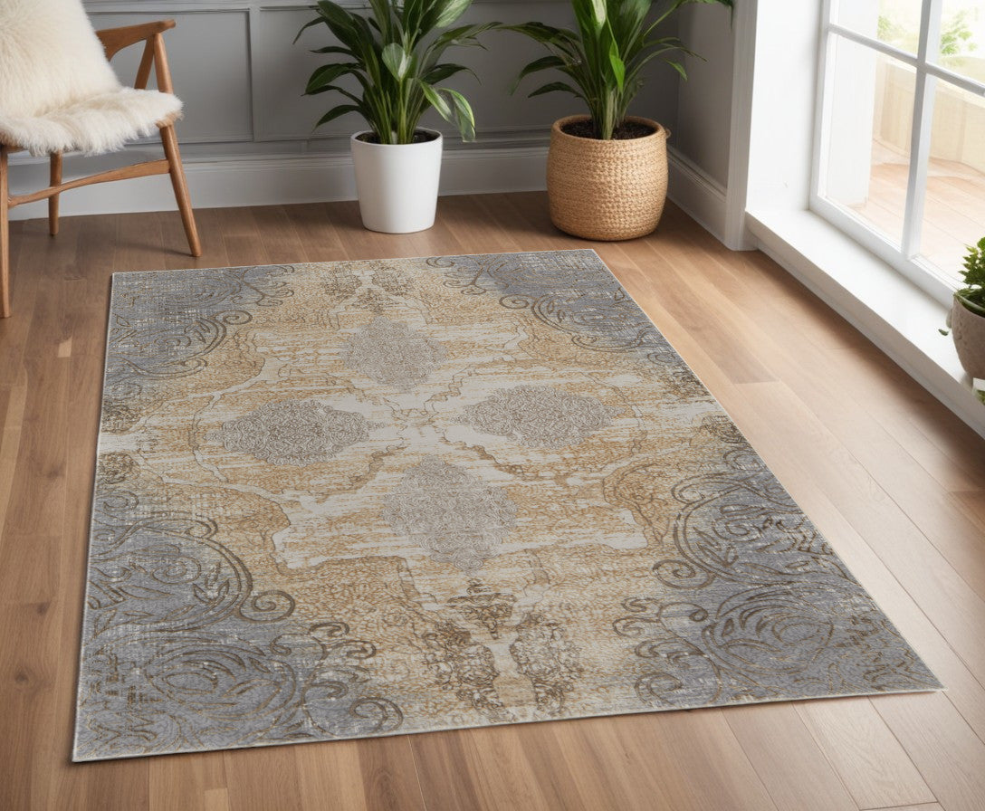 4' X 6' Tan and Gray Floral Power Loom Non Skid Area Rug