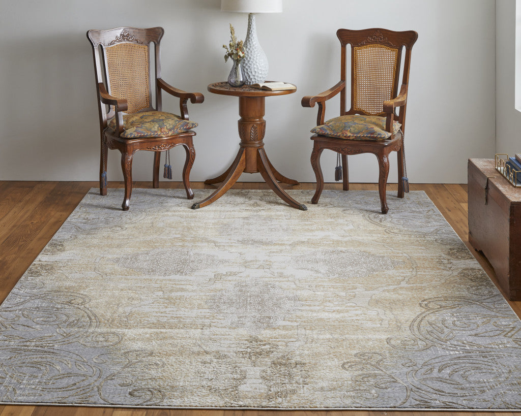 4' X 6' Tan and Gray Floral Power Loom Non Skid Area Rug