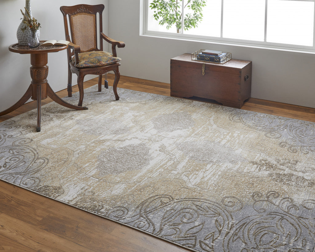 4' X 6' Tan and Gray Floral Power Loom Non Skid Area Rug