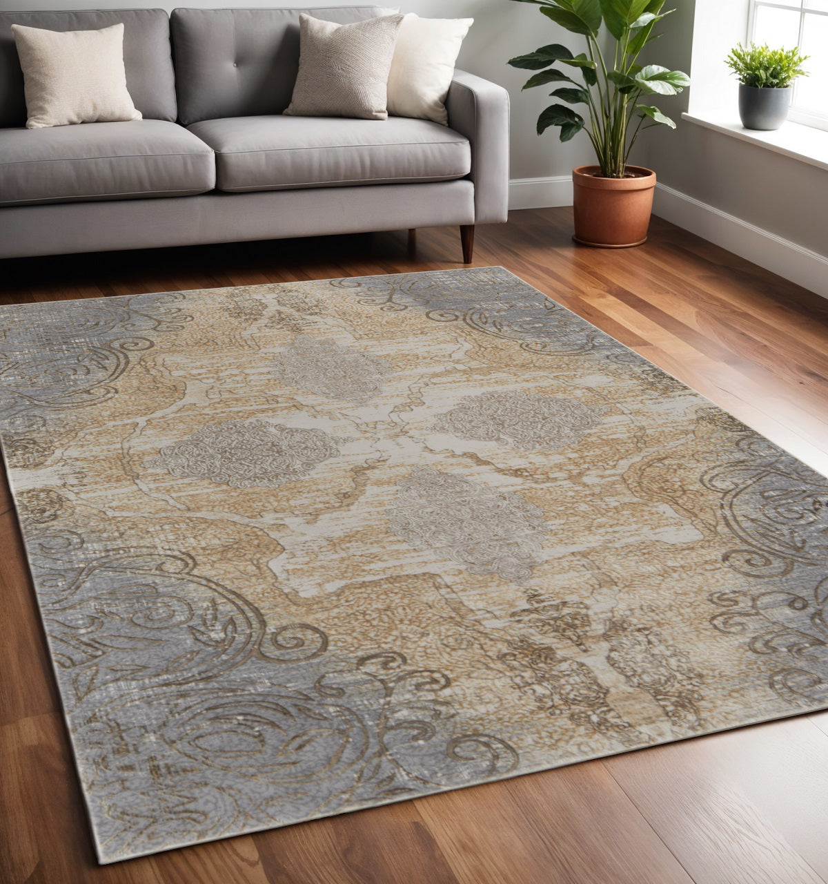 4' X 6' Tan and Gray Floral Power Loom Non Skid Area Rug