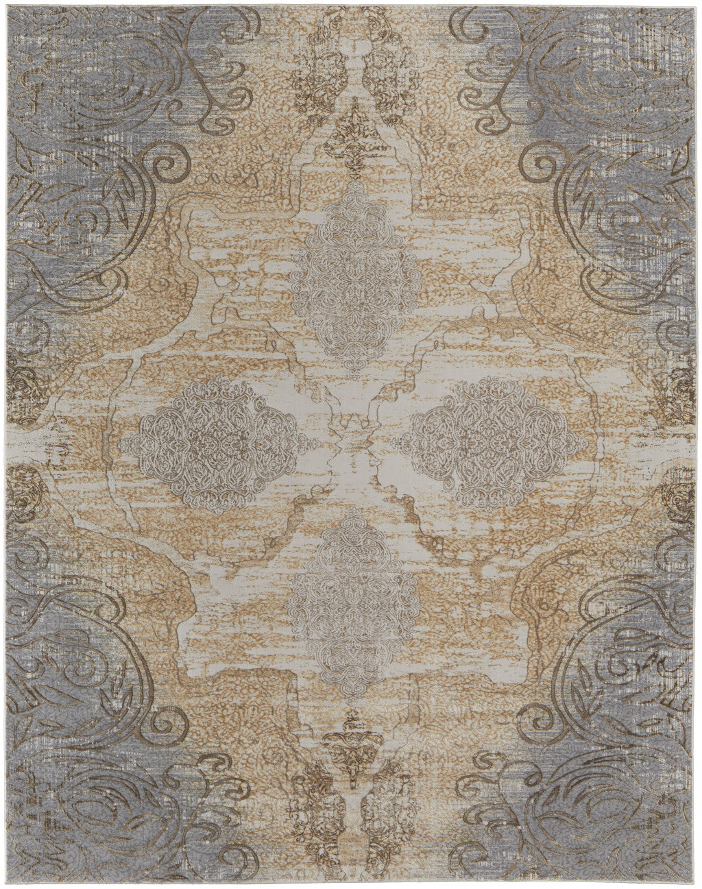 4' X 6' Tan and Gray Floral Power Loom Non Skid Area Rug